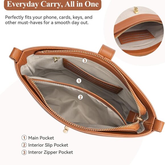 Brown trendy vegan leather small crossbody bucket bag with adjustable strap and - Picture 3 of 6